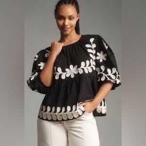 By Anthropologie Crew-Neck Embroidered Blouse